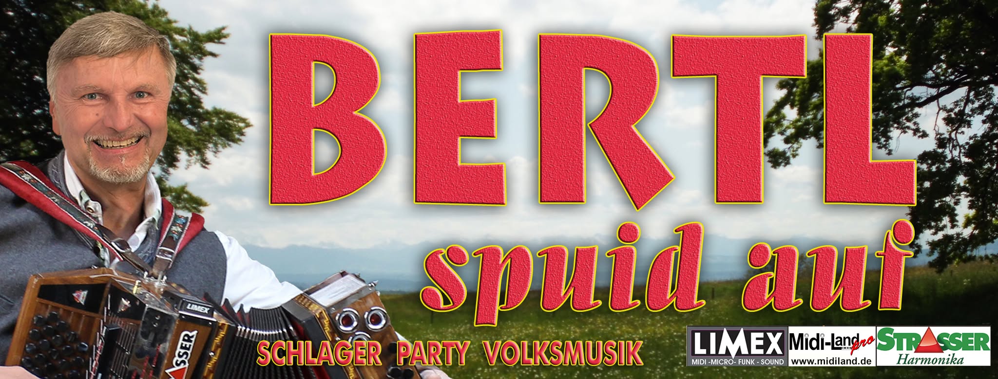 Bertl mit Akkordeon vor einer bayerischen Landschaft